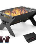 Portable Folding Charcoal Grill For Outdoor Cooking And Campfires with gloves and carry bag shown with fire inside.