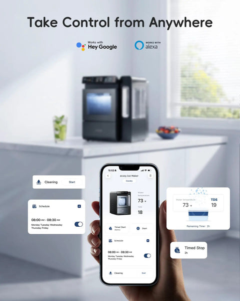 Smart Nugget Ice Maker For Countertop With Smartphone App Control And A Spacious 1.14 Gallon Side Tank Serving Forty Pounds Of Fresh Crunch Ice Daily shows app interface with control options