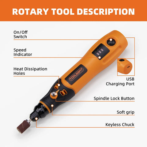 Image showing features of Mini Cordless Rotary Tool Kit With 3 Speed Settings And 50 Accessories, 3.7V Rechargeable, in orange and black.