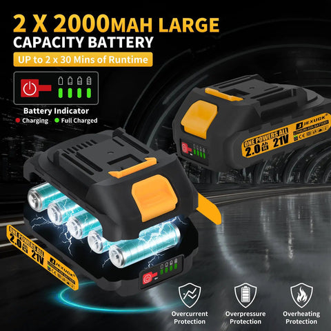Two 2.0Ah batteries for 120Nm Cordless Ratchet Wrench With Brushless Motor, 21V Power, 200RPM, battery indicator shown