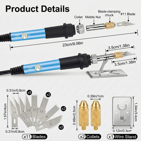 Awesome Acrylics Acrsikr Hot Knife Foam Cutter includes heated butter blade, collets, 11 replacement blades, and wire stand.