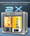 Double Space Resin 3D Enclosure With Ventilation Kit And LED Light for LCD Resin UV Printers, featuring dual compartments for printers and curing