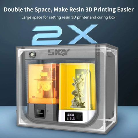 Double Space Resin 3D Enclosure With Ventilation Kit And LED Light for LCD Resin UV Printers, featuring dual compartments for printers and curing