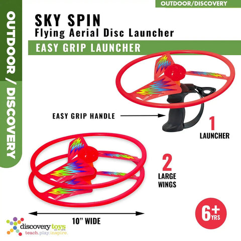 Sky Spin Flying Aerial Disc Launcher With Two Large Wings Kid Powered STEM Toy showcasing easy grip handle and 10-inch wings