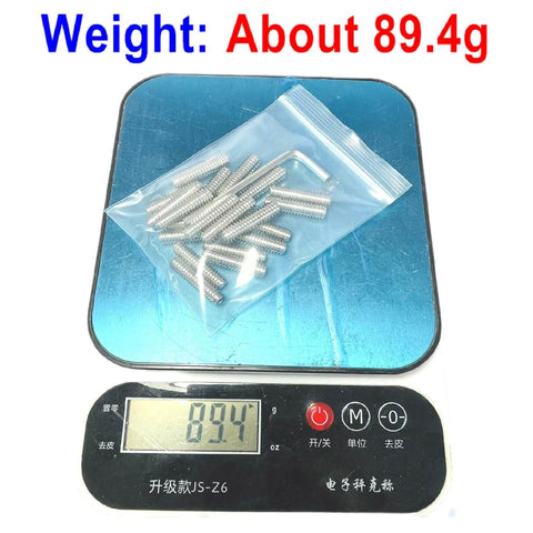 20-Piece 1/4-20 By 1 Inch Stainless Steel Hex Socket Set Screws With Allen Head Grub Style 304 Stainless Steel Includes 1/8 Inch Allen Wrench on scale showing 89.4g