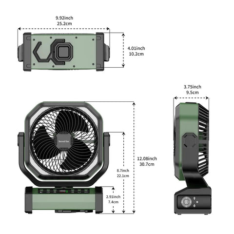 Dimensions of Beast Camping Fan With Light 20000mAh Battery Up To 112 Hours Run Time 9 Speed Settings Auto Oscillation