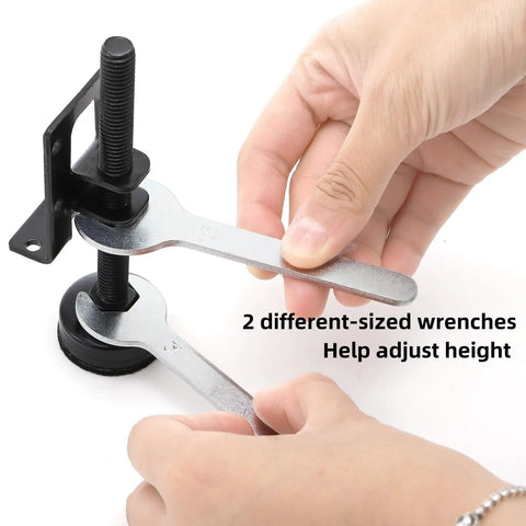 Adjusting height with wrenches on 8 Pack Heavy Duty Adjustable Leveling Feet Set with Screws Lock Nuts and Wrench for Workbenches Cabinets