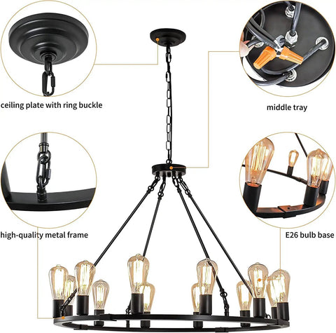 12 Light Black Wagon Wheel Chandelier For Dining Rooms And Kitchen Islands Dimmable Cozy Rustic Farmhouse Pendant Lighting With 12 E26 Sockets Ideal For High Ceilings Foyer Living Room And Porch, showing zoomed details like ceiling plate and bulb base.