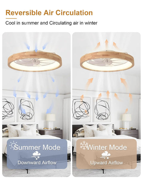 24 Inch Wood Fandelier Ceiling Fan With Integrated Light Flush Mount Frame in summer and winter modes demonstrating air circulation.
