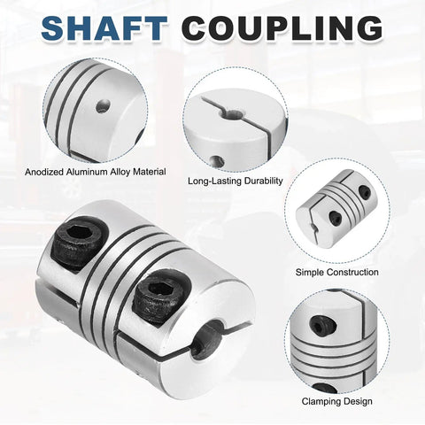 Two Pack 5 To 5mm Flexible Shaft Couplers 20mm Length 15mm Diameter Aluminum Alloy Clamp Joint Connectors shown with features