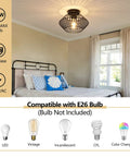 Black Flush Mount Ceiling Light With Dope Metal Cage Design And Industrial Vibe For Hallways Kitchens Porches And Bedrooms Vintage Farmhouse Style visible in a cozy bedroom.