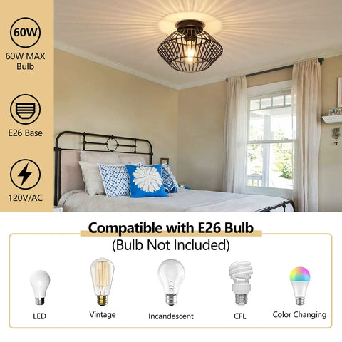 Black Flush Mount Ceiling Light With Dope Metal Cage Design And Industrial Vibe For Hallways Kitchens Porches And Bedrooms Vintage Farmhouse Style visible in a cozy bedroom.