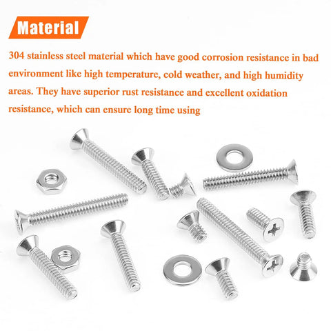 Close-up view of Massive 140 Piece Size 10 24 Phillips Countersunk Machine Screws Nuts And Washers Assortment Kit In 304 Stainless Steel