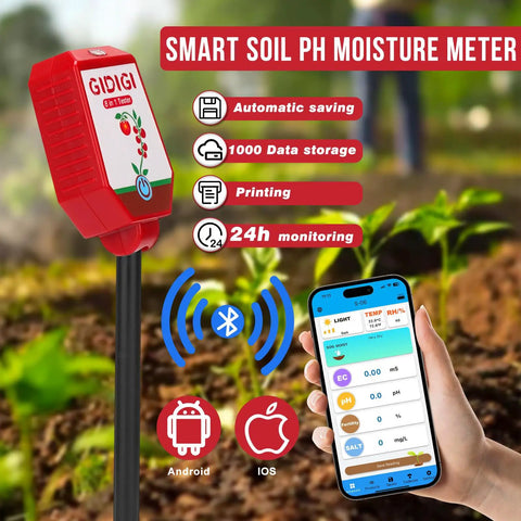 8 In 1 Smart Soil Tester With Bluetooth App Control For Garden And Lawn Care measures on phone display in garden setting