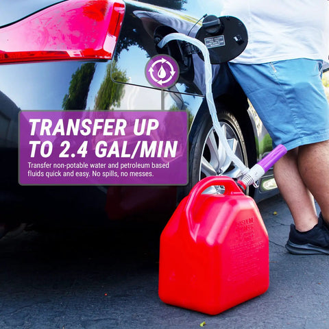 Portable Battery Powered Fuel Transfer Pump With Auto Stop Sensor No Mess 2 Ft Hose 2.4 GPM Flow For Gas And Diesel Easy Fill Loud Beep Alert Requires 2 D Batteries (Not Included), transferring fuel from car to red gas can