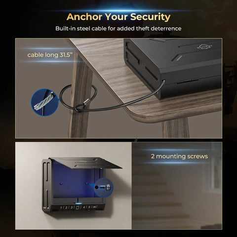 Biometric Gun Safe With Fast Fingerprint Access And Keypad Interior Light Emergency Power Pistol Safe Showing Steel Cable
