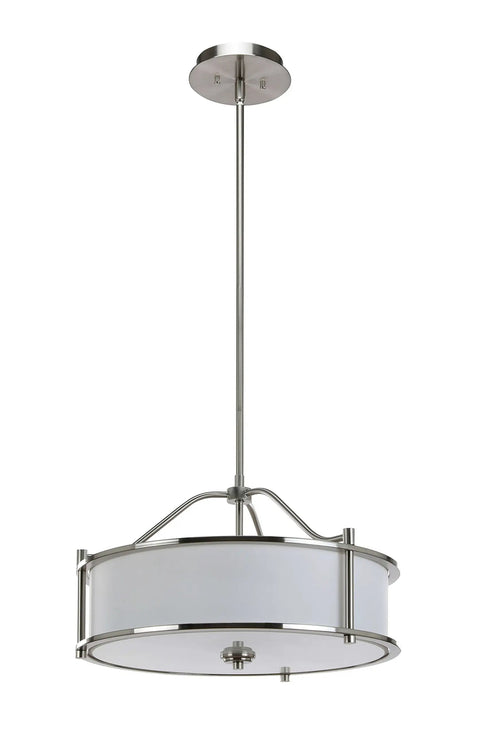 Three Light Drum Pendant With Fabric Shade And Glass Diffuser In Brushed Nickel, 18 Inch Ceiling Light Fixture, Modern Design