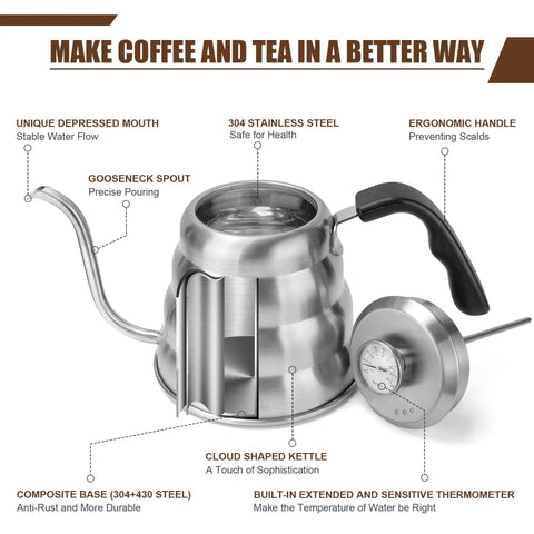 Gooseneck Kettle For Manual Drip Coffee And Tea Barista Grade 40oz Stainless Steel Pour Over Kettle With Thermometer For Stovetop Use