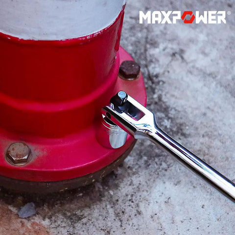 18 Inch Breaker Bar With Dual Half Inch And Three Eighths Drives loosening rusted bolts on red pipe fitting