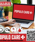 Populo Care laptop showing support info, QR code, and drain cleaning tool essentials on a workspace.