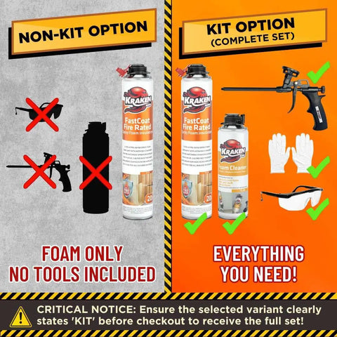 Non-kit versus kit option images showcasing Heavy Duty Closed Cell Spray Foam Insulation Kit With Class A Fire Rating And Solid R Value Heat Blocking.