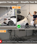 No Sweat Wall Mount Retractable EV Charger Cable Holder Reel Organizer Fits Tesla And Universal Level 2 EV Station, in neat garage setup.