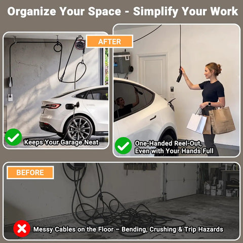 No Sweat Wall Mount Retractable EV Charger Cable Holder Reel Organizer Fits Tesla And Universal Level 2 EV Station, in neat garage setup.