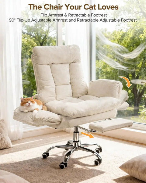 Heavy Duty Office Chair With Footrest And Flip Up Armrests Ergonomic Desk Chair With cat laying on seat, bright room view