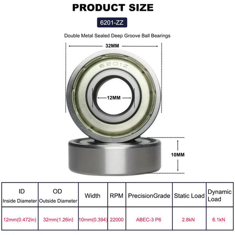 Diagram showing size details of Ten Pack 6201-ZZ Double Metal Seal Deep Groove Ball Bearings including 12mm ID, 32mm OD, 10mm W.