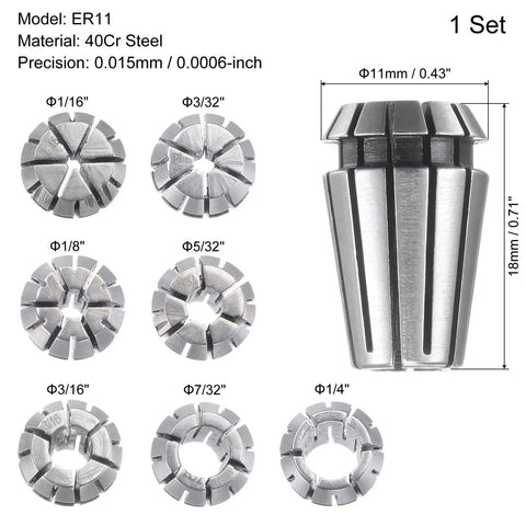 7 Piece ER11 Spring Collet Set 1/16 Inch To 1/4 Inch Chuck For CNC Milling Lathe Machines, High Precision 40Cr Steel Collets With Tight Grip For Milling Centers, Engraving And High Speed Machining