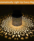Outdoor Solar Lanterns Pack of 2 Waterproof Hanging Lanterns with handles casting decorative light patterns at night.