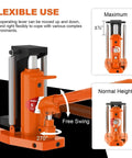 Beefy Heavy Duty Toe Jack 5 Ton And 2.5 Ton Hydraulic Floor Jack with flexible operating lever shown in two positions.