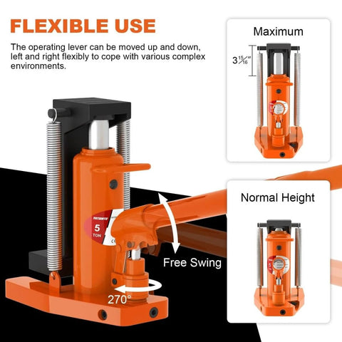 Beefy Heavy Duty Toe Jack 5 Ton And 2.5 Ton Hydraulic Floor Jack with flexible operating lever shown in two positions.