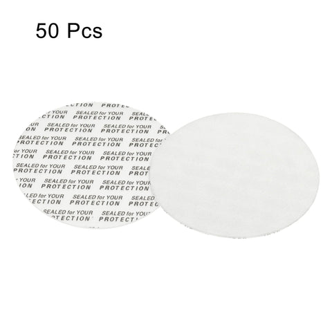 PATIKIL 51mm foam lid liner discs; white, 2 pcs shown (front plain, back with 'sealed for your protection' print)