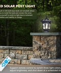 LED Solar Post Cap Light illuminating garden fence, showing remote control feature for dimmable color temps and IP65 waterproofing.