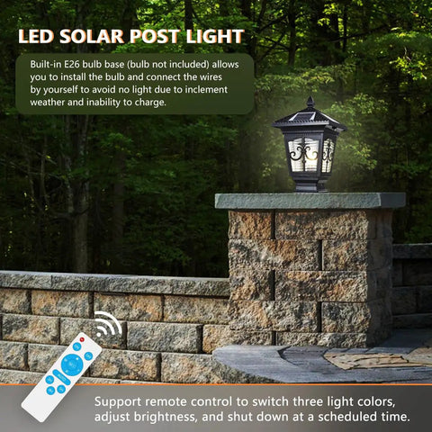 LED Solar Post Cap Light illuminating garden fence, showing remote control feature for dimmable color temps and IP65 waterproofing.