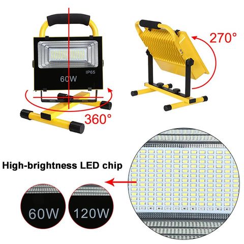 JUDYSSY 60/120 W Portable Led Floodlight with 360-degree rotating base and detachable design, 60W, IP65 waterproof.