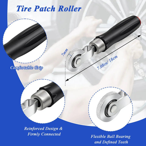 No Sweat Tire Patch Kit With Thirty Durable Rubber Patches Precision Rolling Buffer And Scraper Tool For Quick Flat Repairs and Tire patch roller with comfortable grip and 7mm wheels.