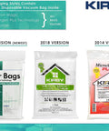 Evolution of Kirby 204811 Six Pack HEPA Filter Bags with different packaging for F-Style vacuums from 2014 to 2020.