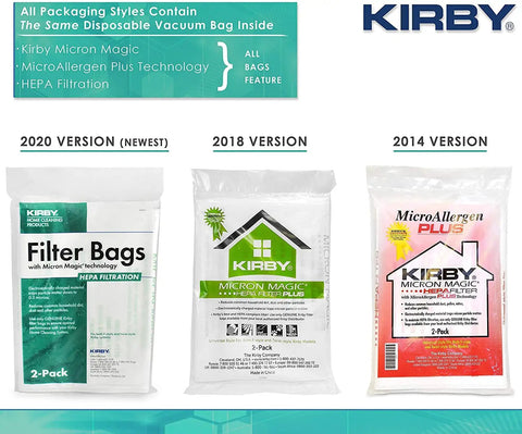 Evolution of Kirby 204811 Six Pack HEPA Filter Bags with different packaging for F-Style vacuums from 2014 to 2020.