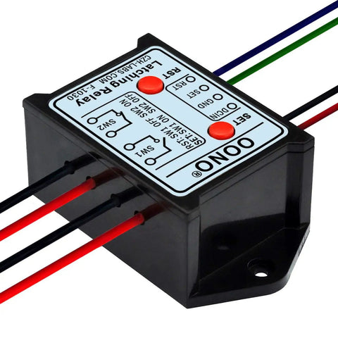 8Amp DC24V Latching Relay Module With Power Off Memory, DPST 1NO 1NC For Reliable Auto Control, Industrial Projects And Home Automation, Keeps Output State Even When Power Drops, black plastic housing with wires