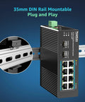 Industrial 10 Port PoE Switch With Eight PoE Ports 240W Total Power and 120W Adapter Included Two Gigabit Uplinks Two SFP Ports Din Rail