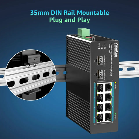 Industrial 10 Port PoE Switch With Eight PoE Ports 240W Total Power and 120W Adapter Included Two Gigabit Uplinks Two SFP Ports Din Rail