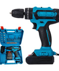 Rock Solid 21V Cordless Drill And Electric Screwdriver With Quick Lithium Battery For Wood Metal And Concrete Home Diy Tools, blue handle and tool kit.