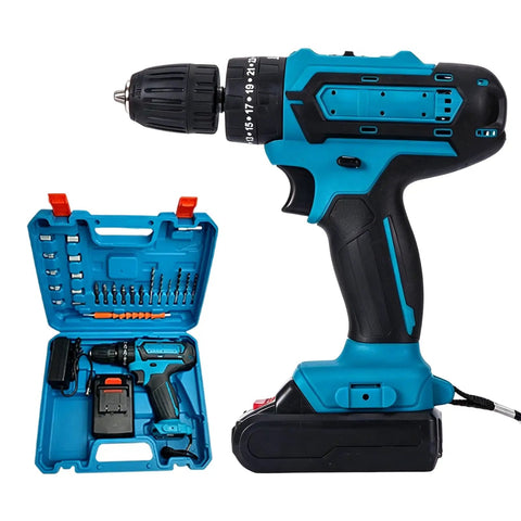 Rock Solid 21V Cordless Drill And Electric Screwdriver With Quick Lithium Battery For Wood Metal And Concrete Home Diy Tools, blue handle and tool kit.
