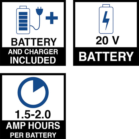 Battery specs for Cordless 20V Max String Trimmer Edger And Sweeper Combo Kit with charger, 20V, 1.5-2.0 amp hours.
