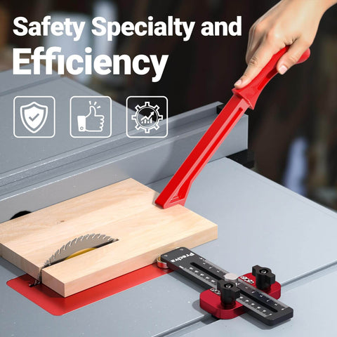 Image showing Thin Rip Jig and Push Stick for Table Saws, Aluminum Alloy Guide in use with a woodcutting setup on a table saw.