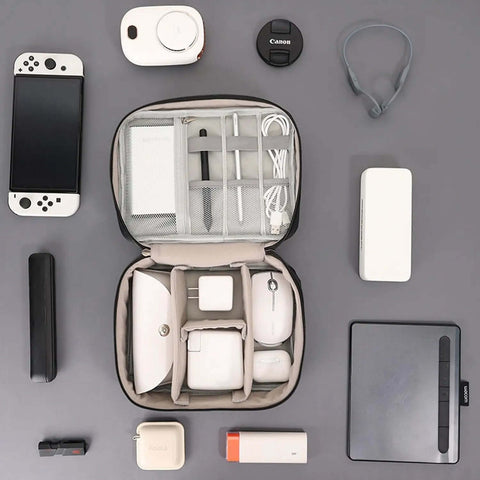 Heavy Duty Badass Electronics Organizer Bag For Travel Cables Chargers Power Bank Cell Phone Gear Hauler with organized tech accessories.