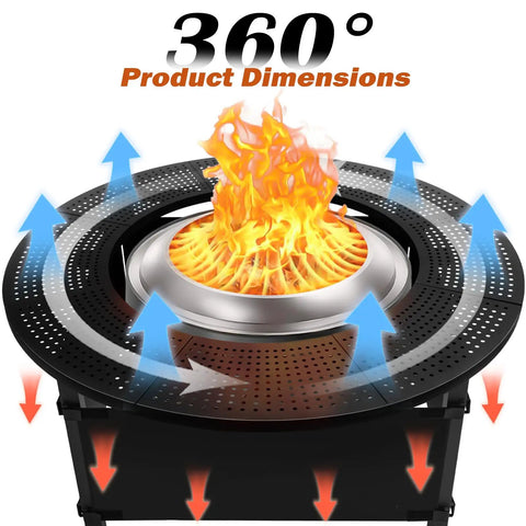 360-degree view of 47.8 Inch Fire Pit Surround Tabletop Snaps Right On For Solo Stove Bonfire Ranger Yukon 2.0, with fire and airflow effects.