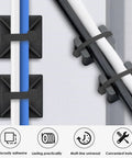 Powerful Back Glue Self Adhesive Cable Zip Tie Mounts Kit with 360 Pieces Black Mounts and 6 Inch Zip Ties in use on cables